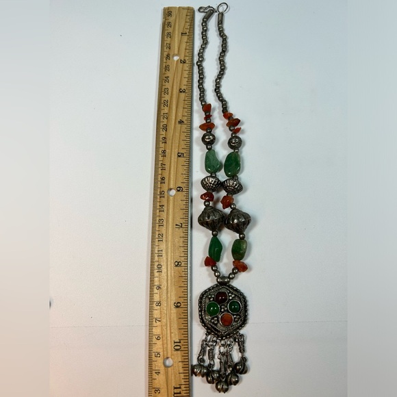 Vintage gemstone coin silver Hand Strung Beaded Necklace Bell Dangles - Picture 5 of 5